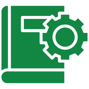A book with a small gear icon on the cover.
